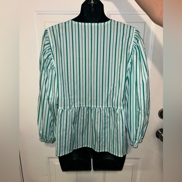 Women Puff Sleeve Peplum Shirts Bow Tie Front Stripe Babydoll Blouse Lace‎ Up - Picture 9 of 10